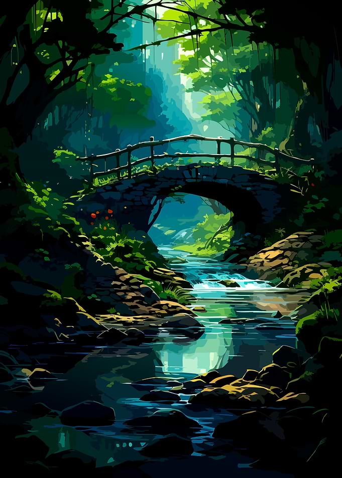 Enchanted Stone Bridge Over Forest Stream