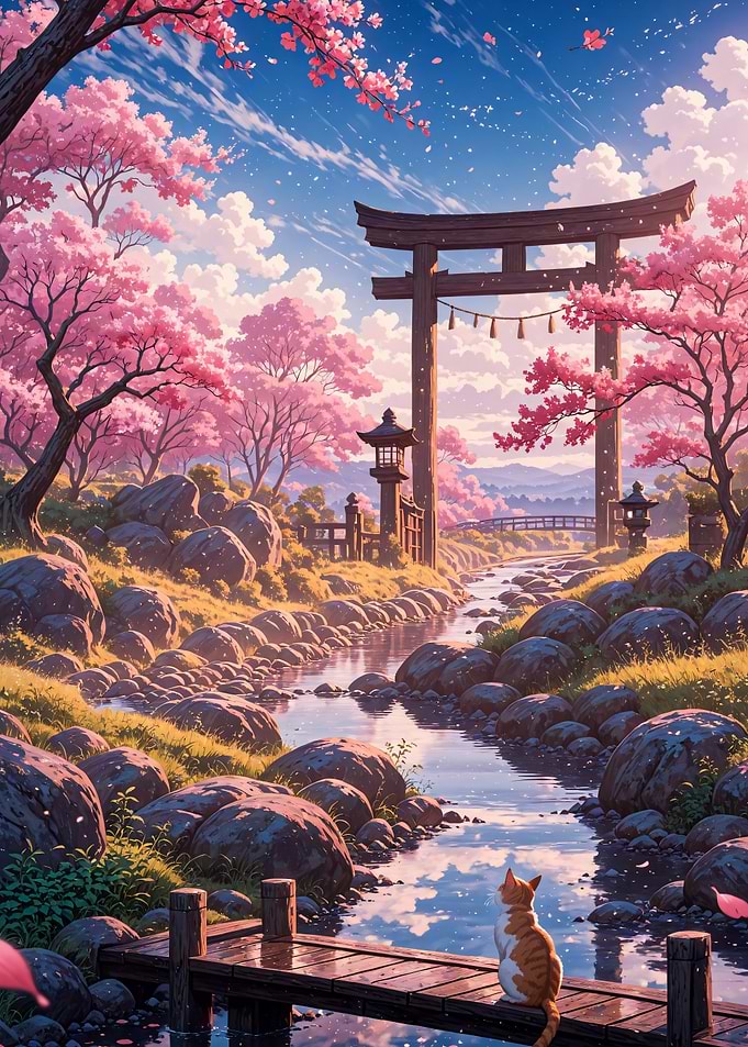Cat sitting on bridge in Japan Sakura Cherry Blossom Torii Gate