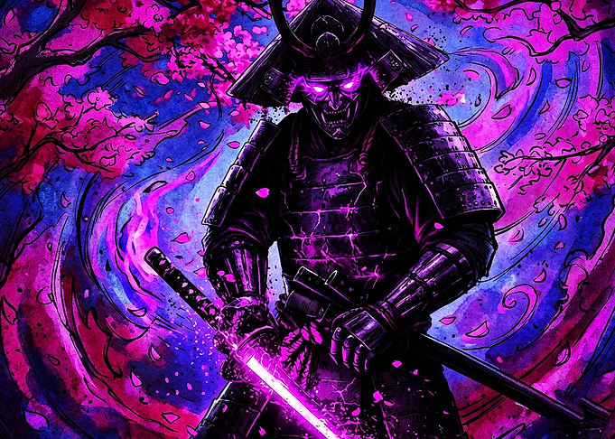 Neon Samurai Cherry Blossom Poster