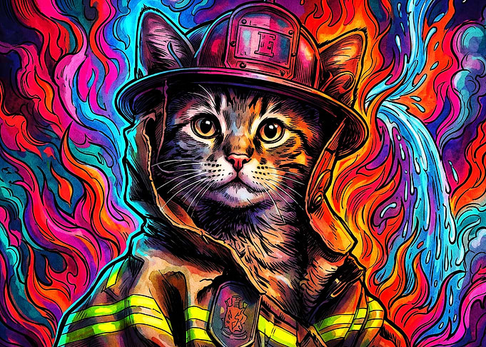 Firefighter Cat Psychedelic Poster