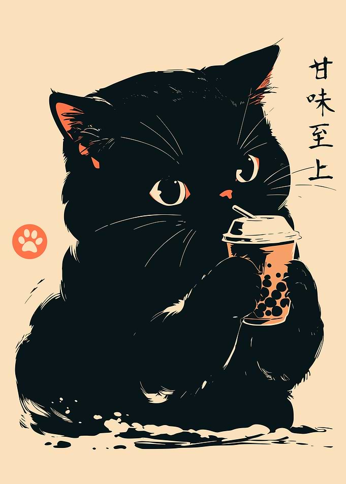 Kawaii Milk Tea Black Cat Kitchen Decor