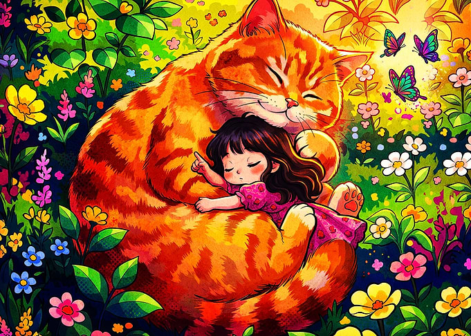 Cat Girl Garden Rainbow Watercolor