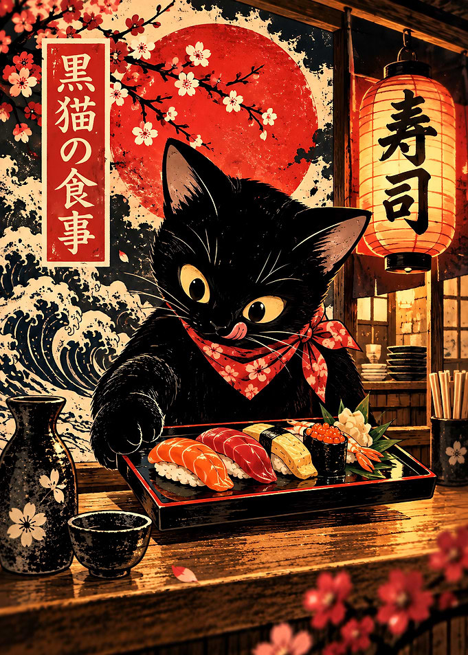 Black Cat Enjoying Sushi Dinner