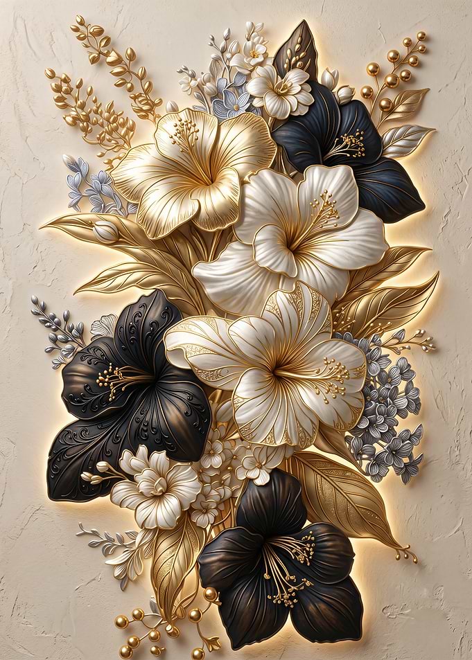 Elegant Gold and Black Floral Relief