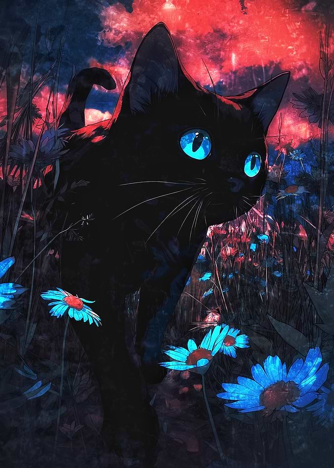 Black Cat with Glowing Blue Eyes