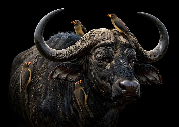 African Buffalo with Oxpecker Birds
