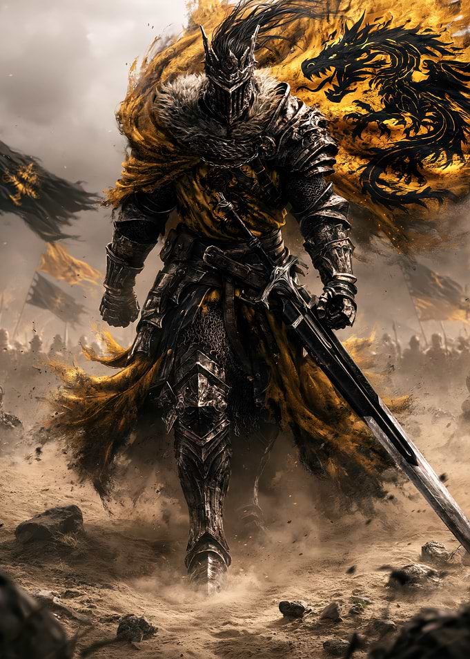 Dark Fantasy Knight with Dragon Banner