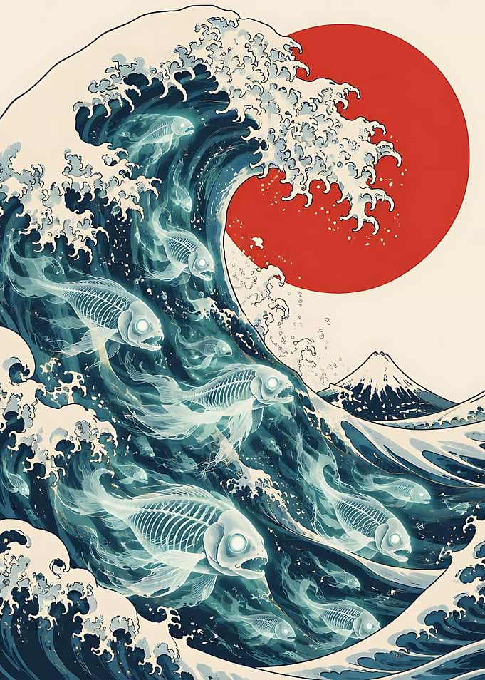 Great Wave with Ghostly Fish
