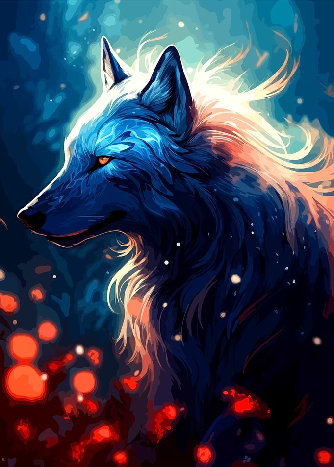 Mystical Glowing Blue Wolf Portrait