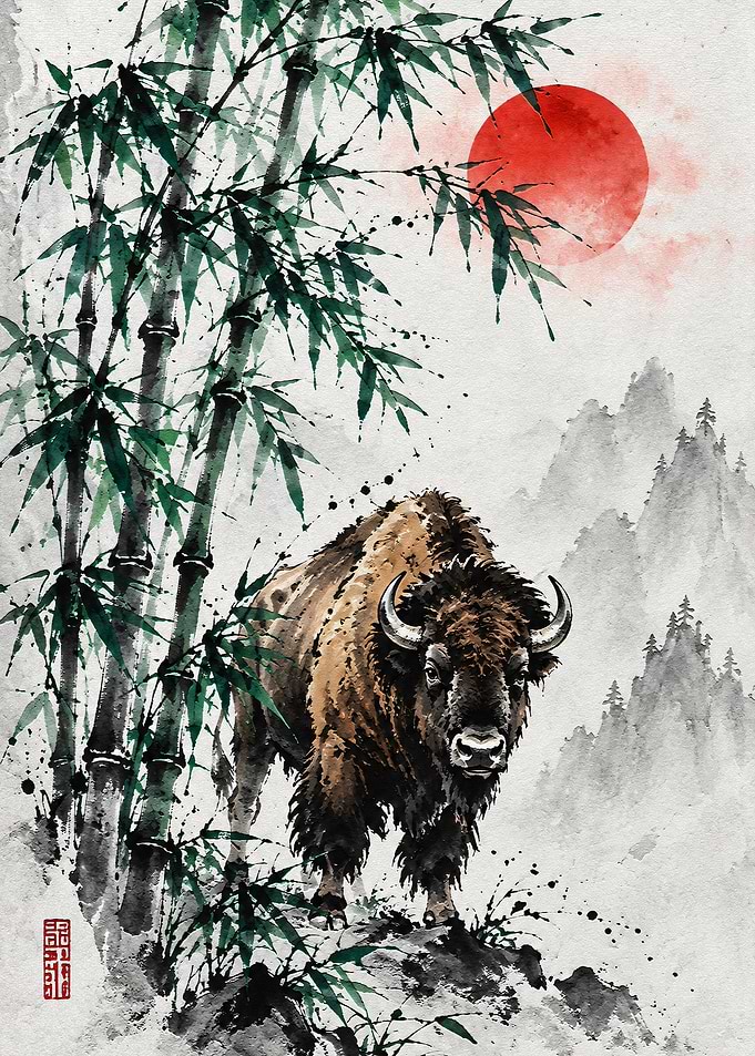 Bison in Traditional Ink Wash Style