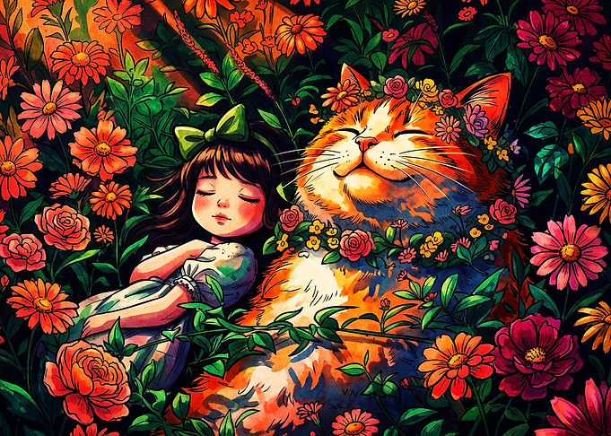 Girl Cat Flowers Fantasy Art