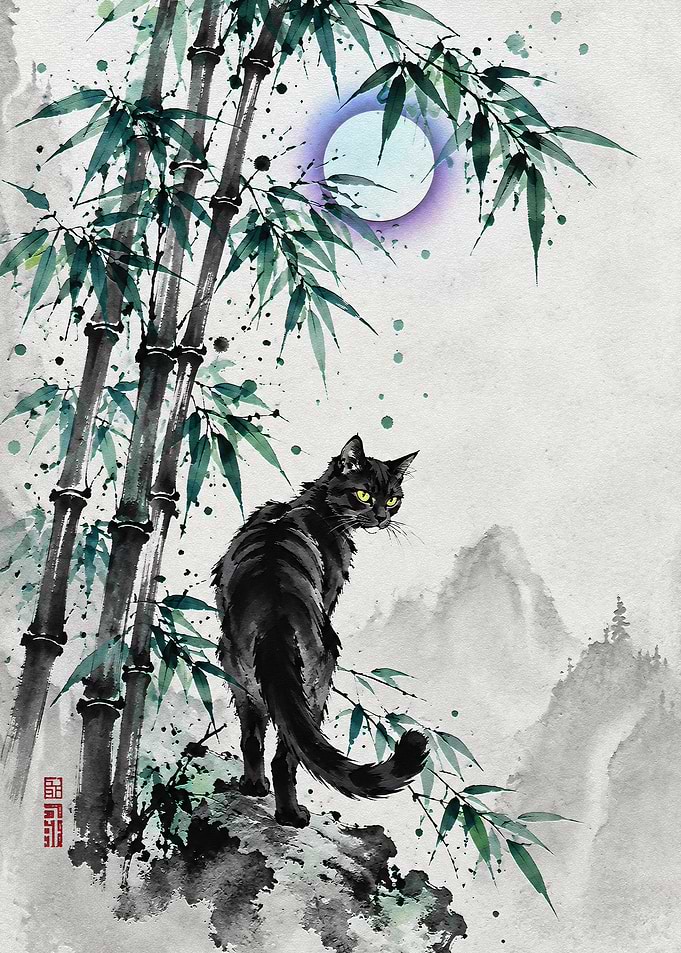Black Cat in Bamboo Forest