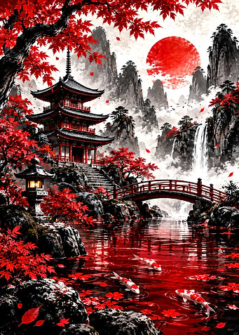 Red Pagoda Garden with Koi Pond