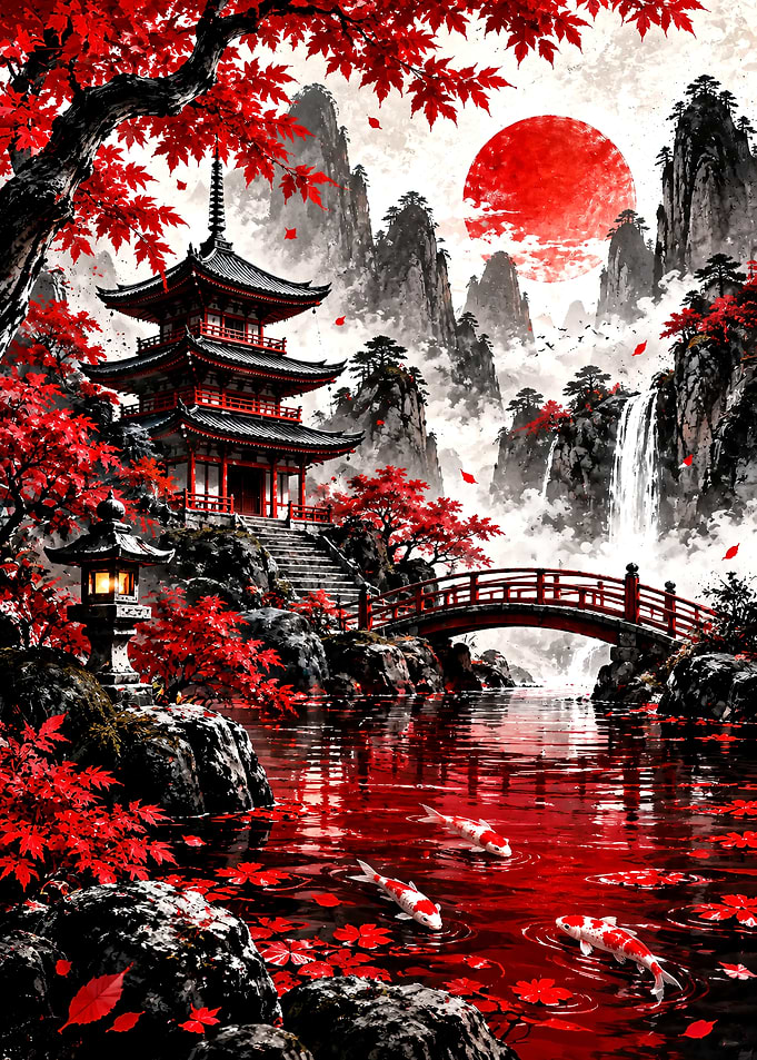 Red Pagoda Garden with Koi Pond