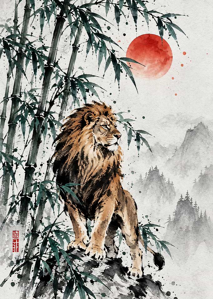 Majestic Lion in Traditional Ink Wash