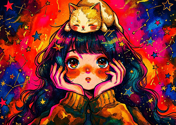 Anime Cat Cosmic Neon Poster
