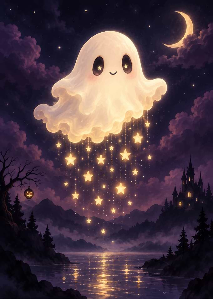 Cute Ghost Spreading Glowing Stars