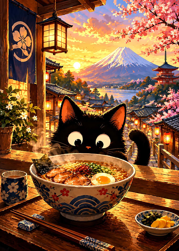 Black Cat Eating Ramen at Sunset