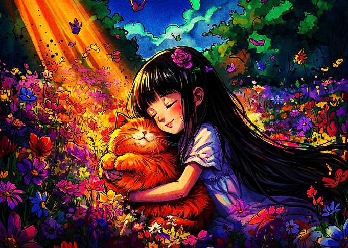 Girl Cat Hug Floral Fantasy Poster