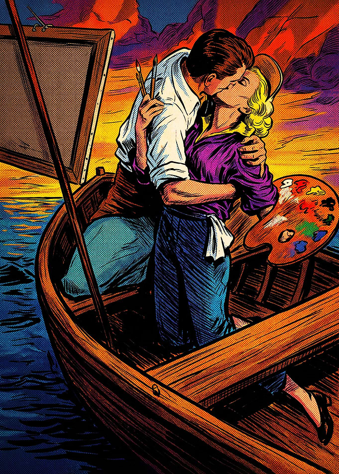 Romantic Couple Painting in a Boat
