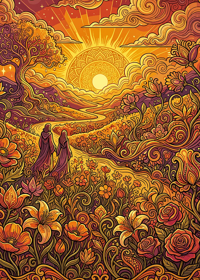 Two Figures Walking Through Golden Garden