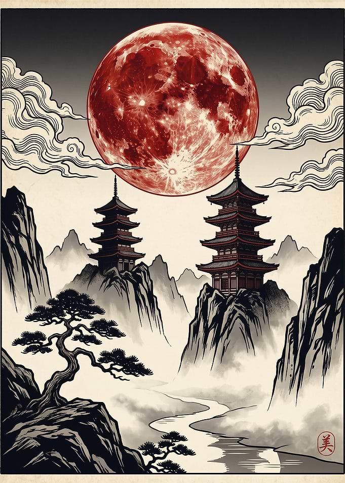 Japanese Pagodas Under Red Moon