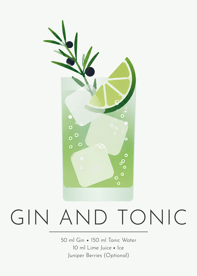 Gin & Tonic Cocktail Wall Art – Minimalist Gin Poster with Lime & Juniper