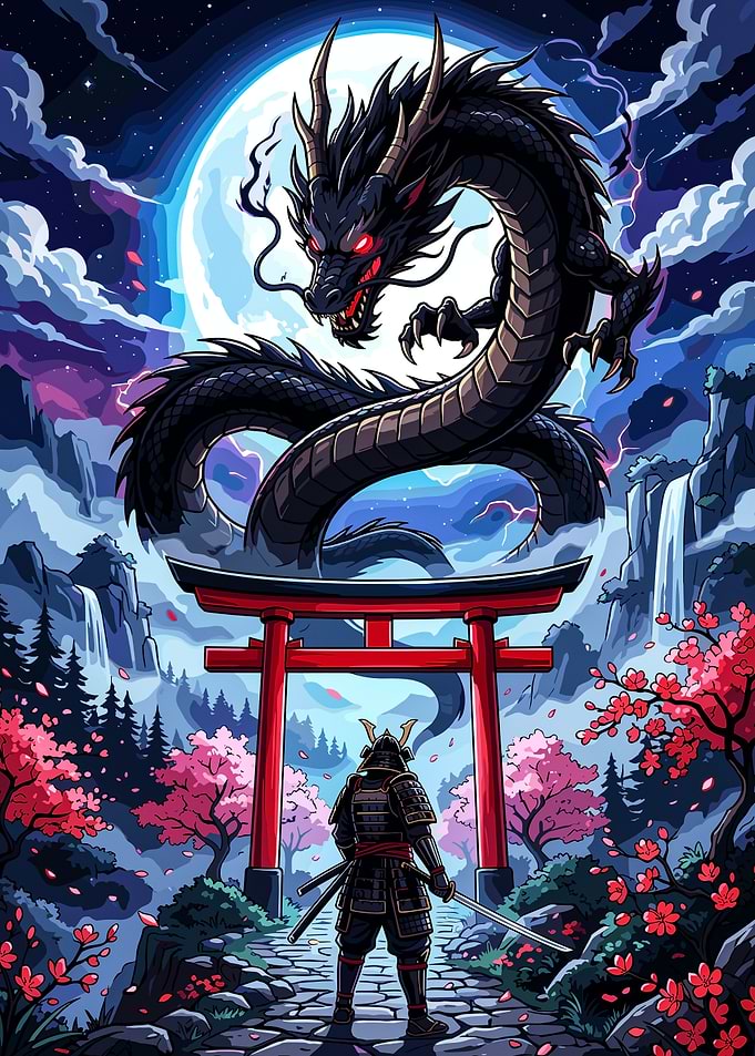 Samurai Facing a Celestial Dragon