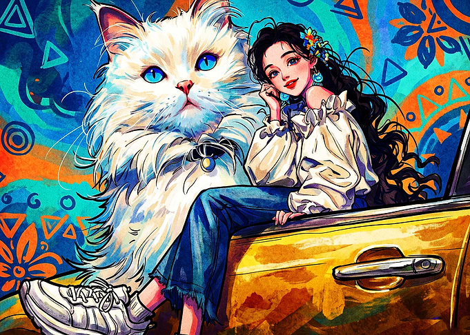 Anime Girl Cat Vibrant Boho Art Pos