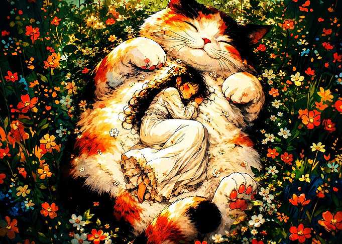 Giant Cat Girl Sleep Floral Fantasy