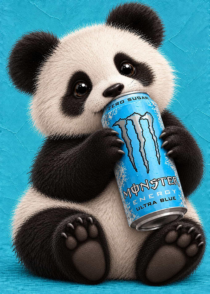 Cute Panda Holding Monster Energy Drink