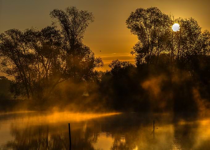 Golden Sunrise Over Misty Lake