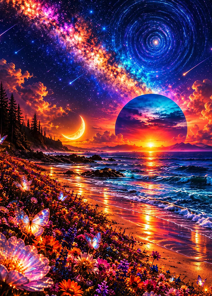 Surreal Cosmic Beach at Sunset