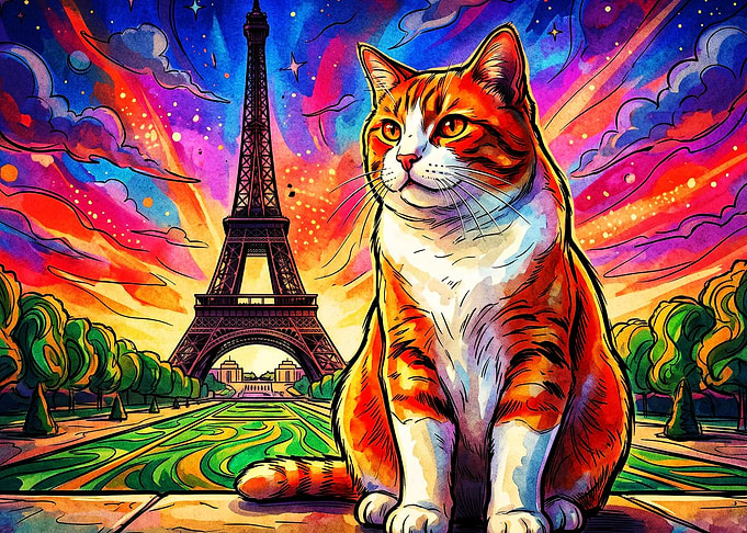 Cat Paris Landmark Colorful Art