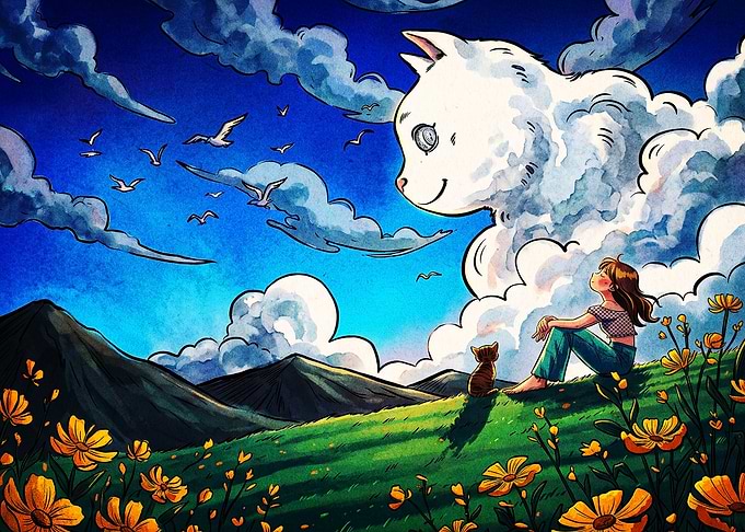 Cat Cloud Sky Anime Fantasy Art