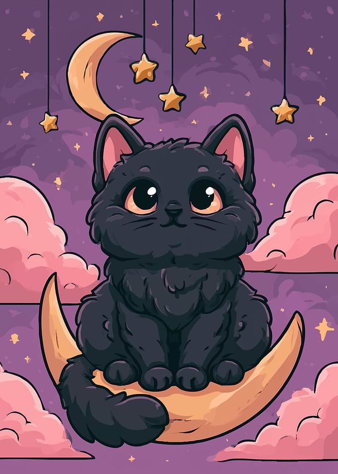 Cute Black Cat on Crescent Moon