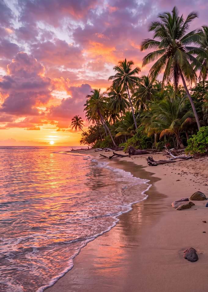 Tropical Beach Sunset with Palm Trees
