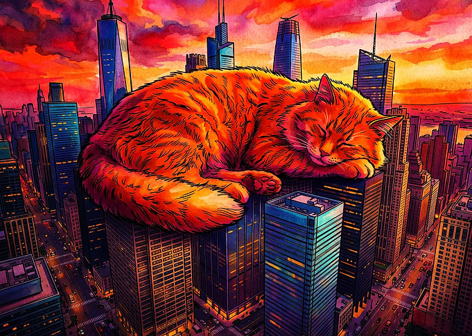 Giant Cat City Skyline Poster