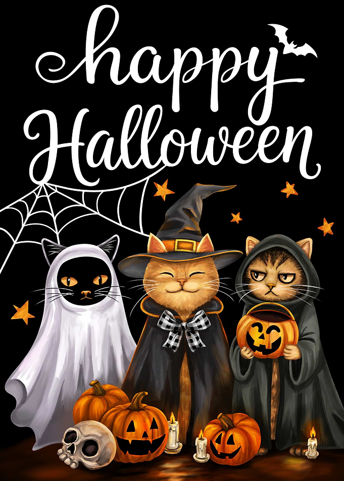 Halloween Cat Trio – Ghost, Witch & Trick-or-Treater | Whimsical Spooky Wall Art