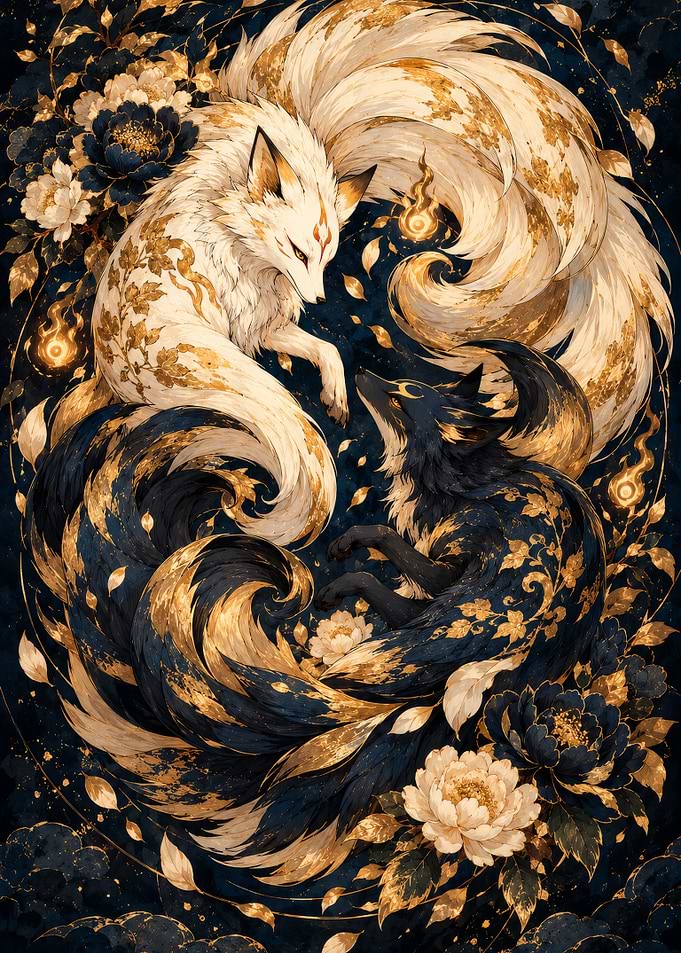 Dual Kitsune Yin Yang Floral Art