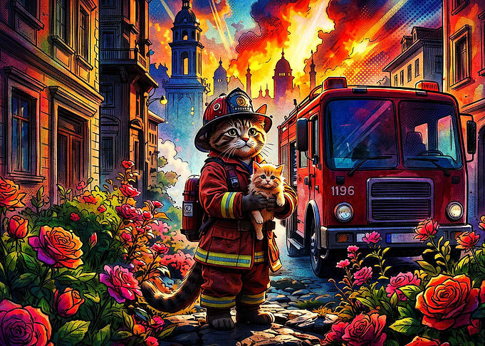 Firefighter Cat Rescue Neon Poster
