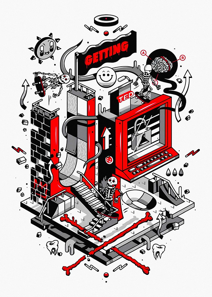 Isometric Skateboarding Skeleton Art