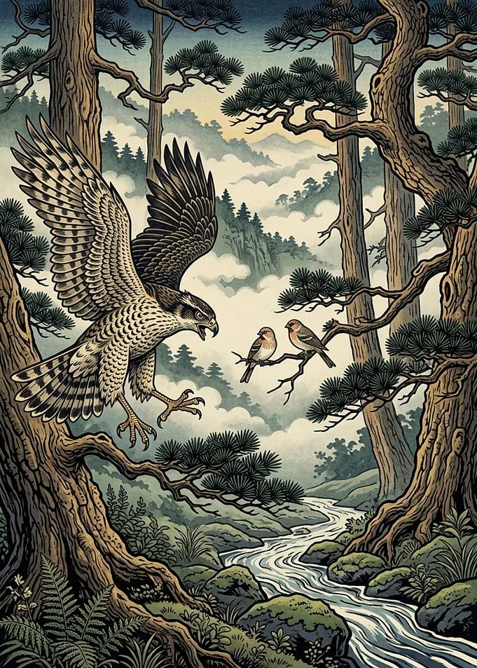 Hawk Hunting Small Birds in Forest