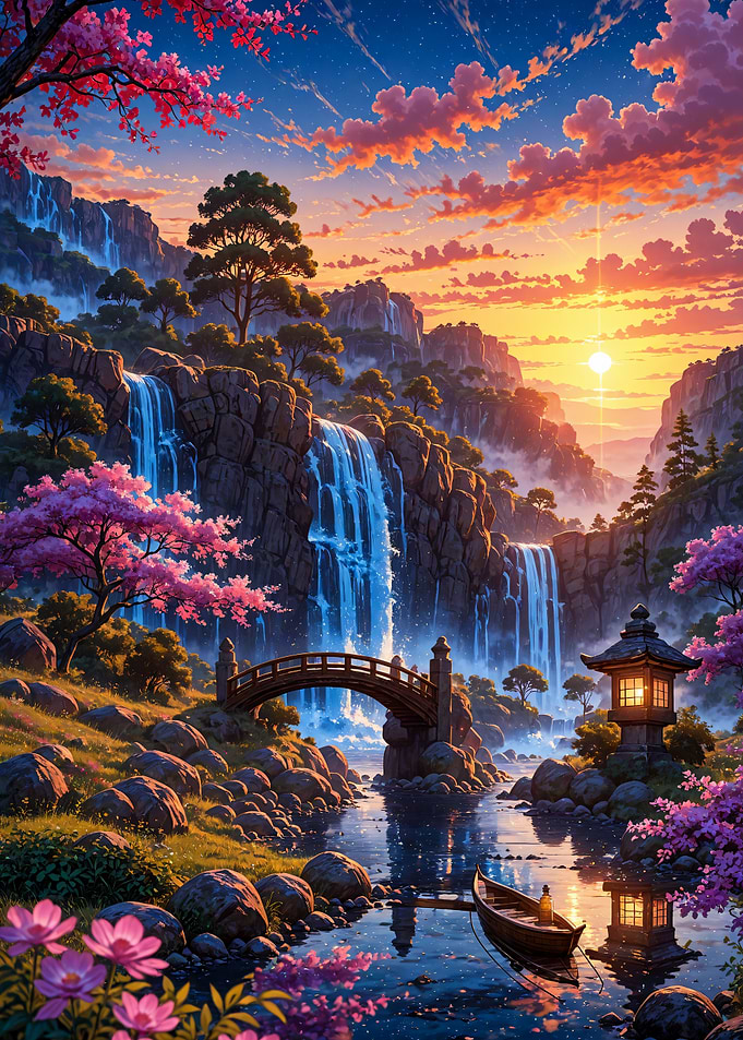Serene Japanese Waterfall Garden at Sunset Landscape