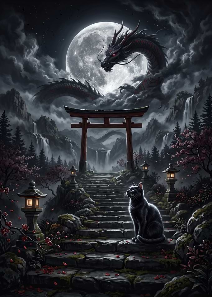Black Cat and Dragon at Torii