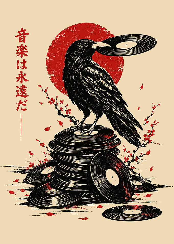 Raven Perched on Vinyl Records