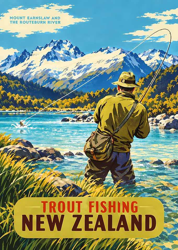 Vintage New Zealand Trout Fishing Poster