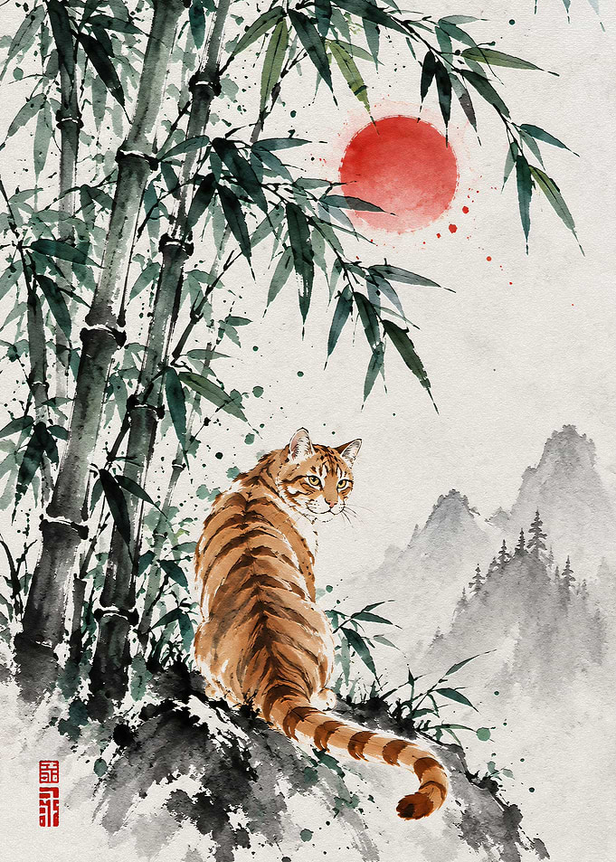 Tiger in Bamboo Forest Ink Painting