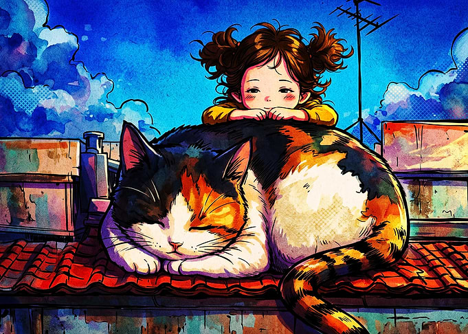 Anime Cat Girl Rooftop Art Poster