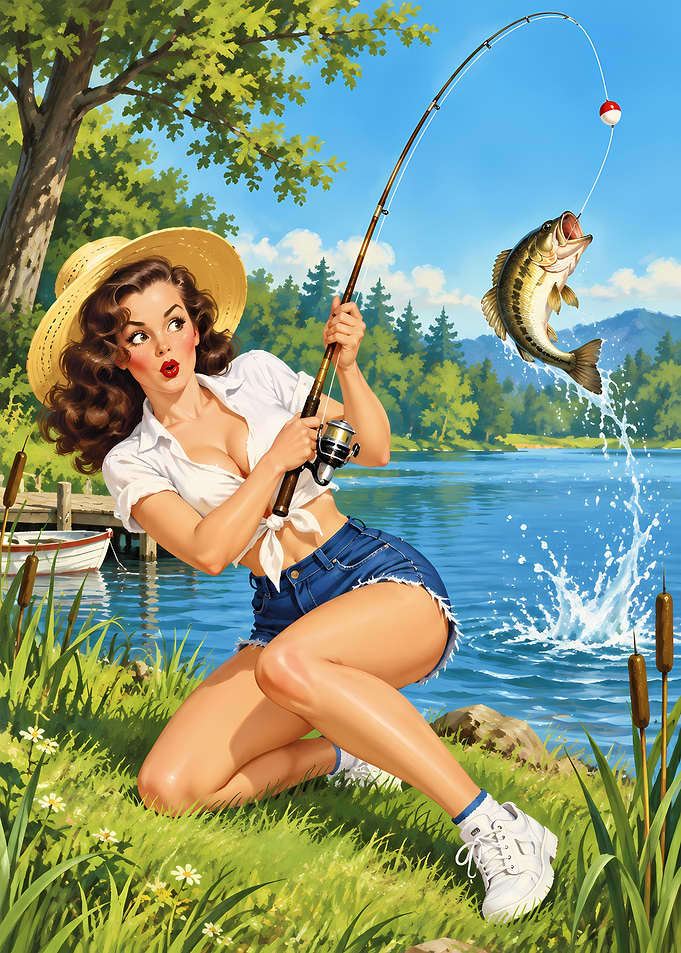 Pin-up Girl Fishing at Lake